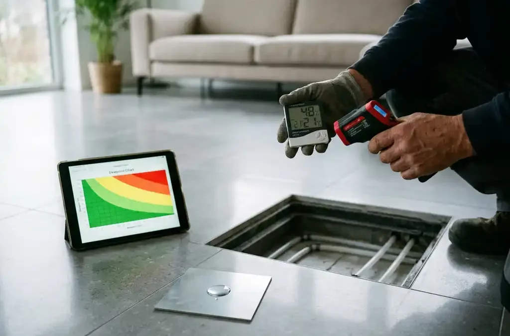 HVAC-consultant meet luchtvochtigheid en vloertemperatuur; dauwpuntgrafiek op tablet en condensdruppel bij vloerverkoeling.