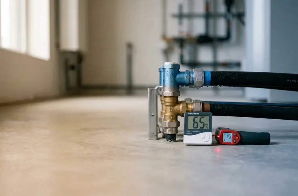 Vloerverkoeling-manifold met condensdruppels op betonvloer, vloerverwarmingsbuis, hygrometer en infraroodthermometer ernaast