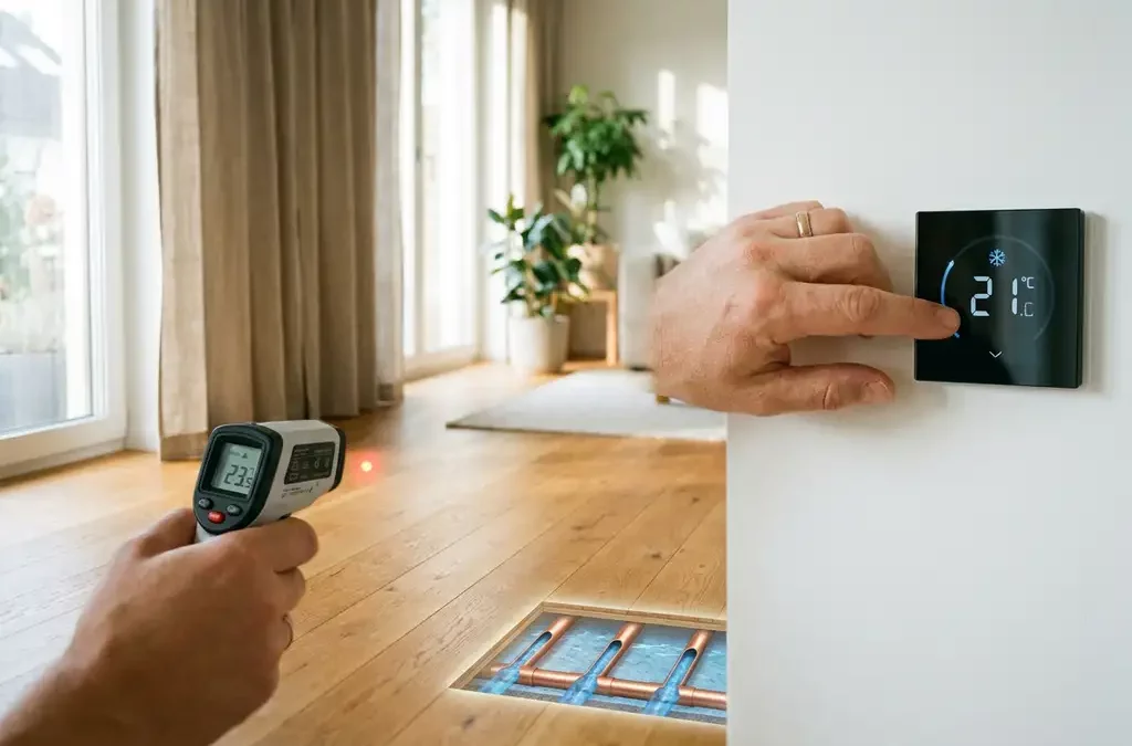 Hand stelt wandthermostaat koeler in terwijl infraroodthermometer vloerverkoeling onder eiken vloer meet in woonkamer