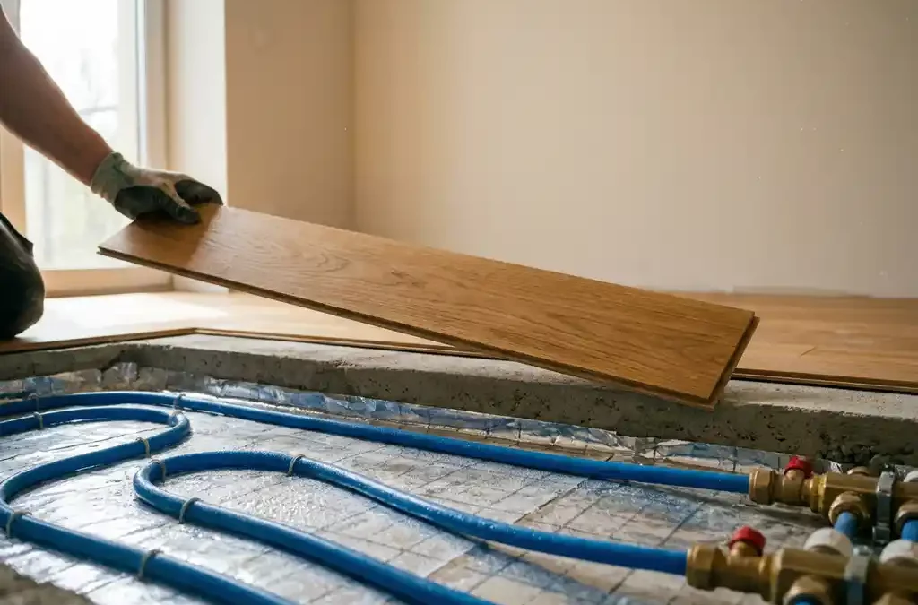 Hand plaatst eiken parketplank boven doorsnede vloerverwarming met warmtepompmanifold, ondervloer en koelbuis in woonkamer