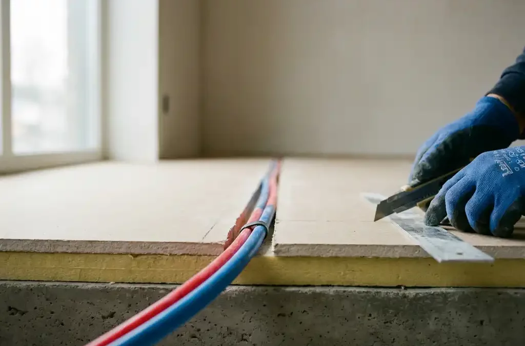 Vloerverwarmingbuis in gefreesde groef van gipsvezelplaat, installateur met mes en liniaal op renovatievloer.