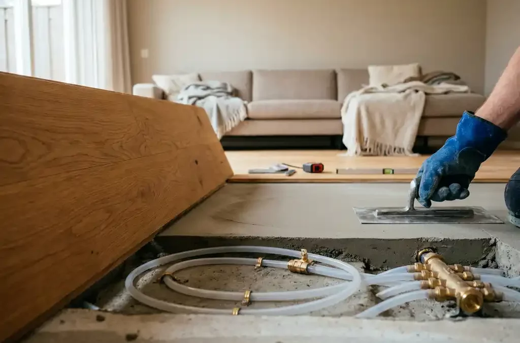 Opgetilde eiken parketplank toont cement dekvloer met vloerverwarmingbuizen; aannemer met troffel bij montage.
