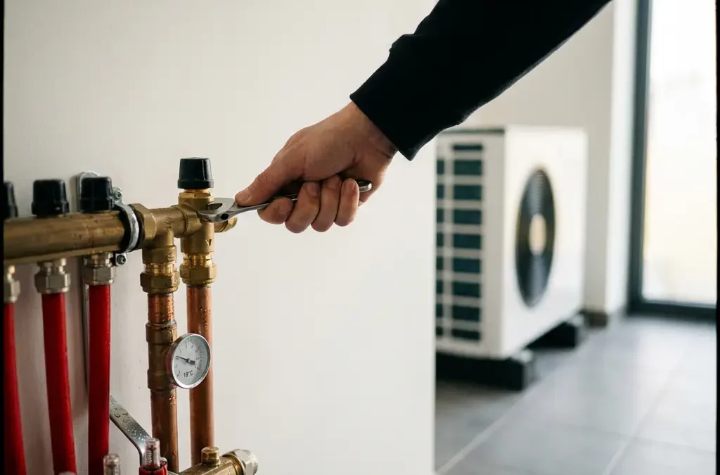 Technicus stelt mengventiel af bij warmtepomp en vloerverkoelingsverdeler met PEX, thermometer toont aanvoertemperatuur.