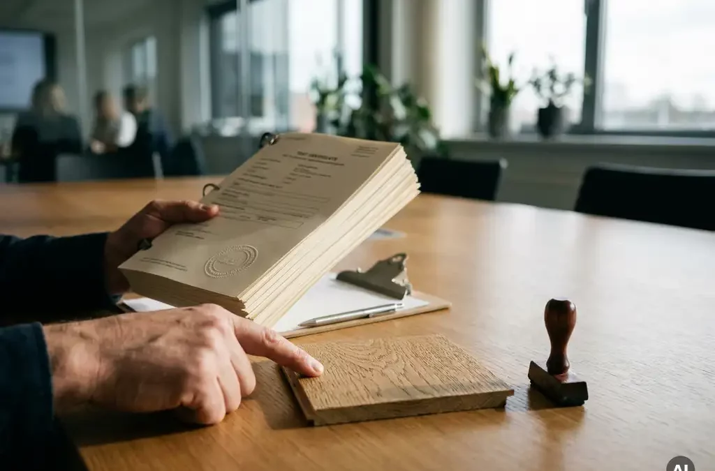 Handen met testcertificaten en eiken parketstaal op vergadertafel, met stempel en klembord, tenderoverleg achtergrond
