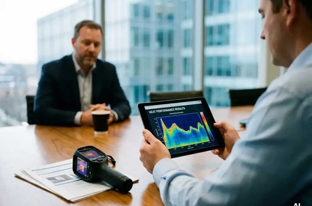 Energieconsultant toont klant thermische meetresultaten op tablet; infraroodcamera en sensorrapporten op vergadertafel.