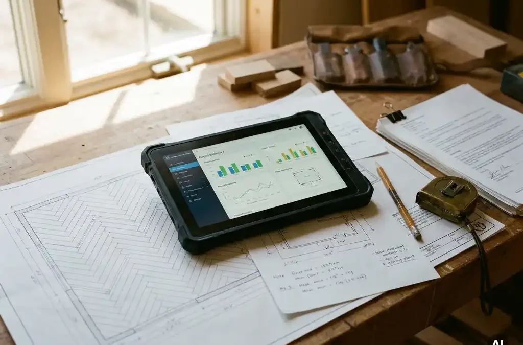 Tablet met projectdashboard op parquetvloerplan en meetbladen op werkbank, met potlood en rolmaat in daglicht.