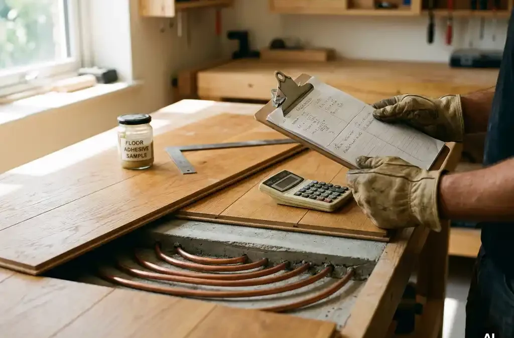 Doorsnede van verwarmde parketvloer met vloerverwarmingbuizen, gloved handen met berekeningen en calculator op werkbank.